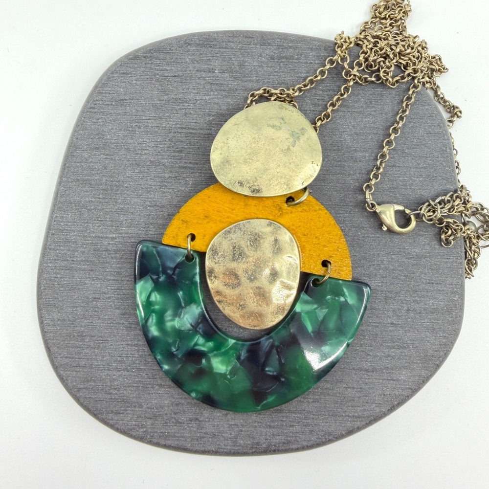 Statement Necklace Abstract Mixed Media Green Yellow Gold Tone Modern Art Boho